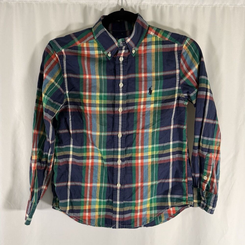 Ralph Lauren Dress Shirt Boys Medium 10-12 Blue Green Plaid Long Sleeve Cotton - Picture 1 of 9
